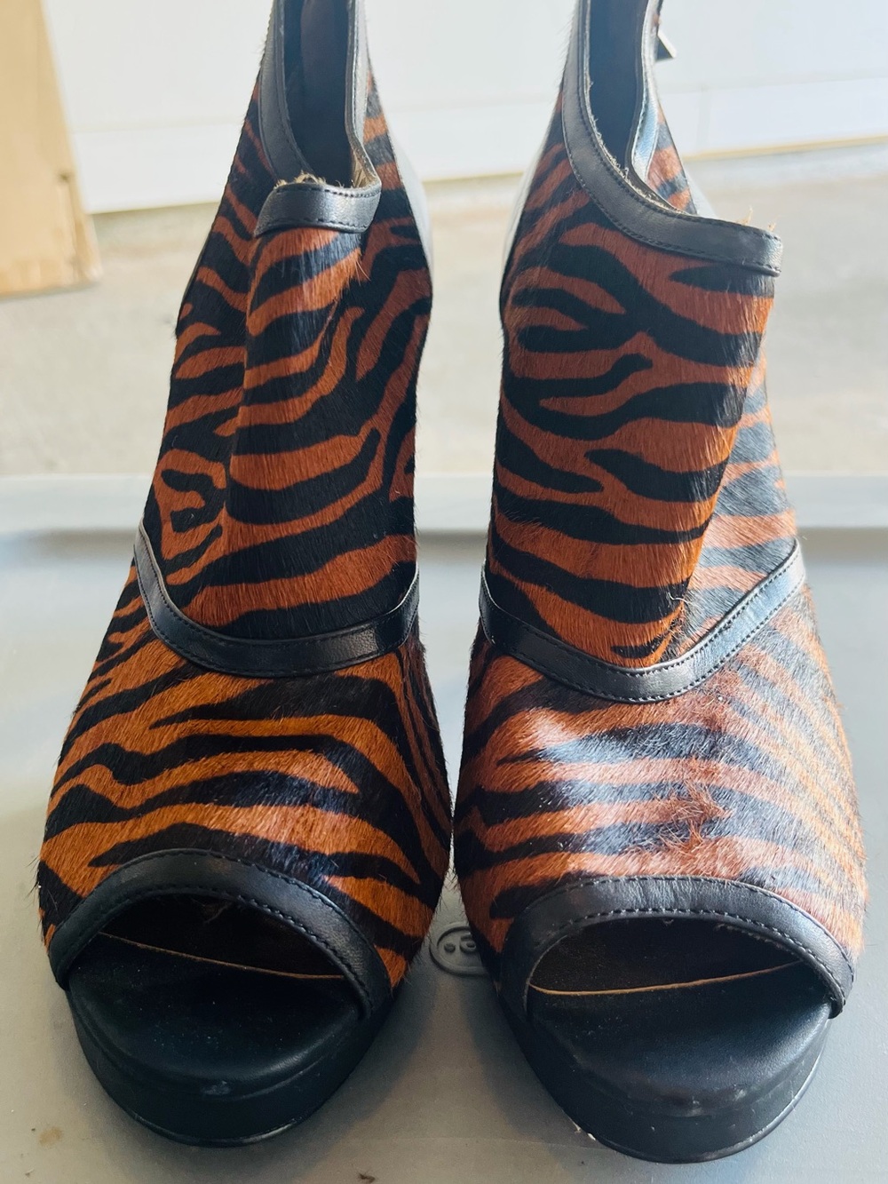 Reba Tiger-Stripe Open-Toe Ankle Booties - Black & Brown